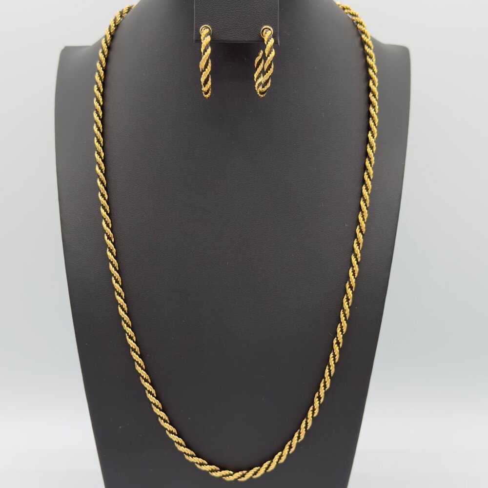 Vtg Avon Gold Toned Rope Chain Black Woven Twisted Necklace Hoop Earrings Set